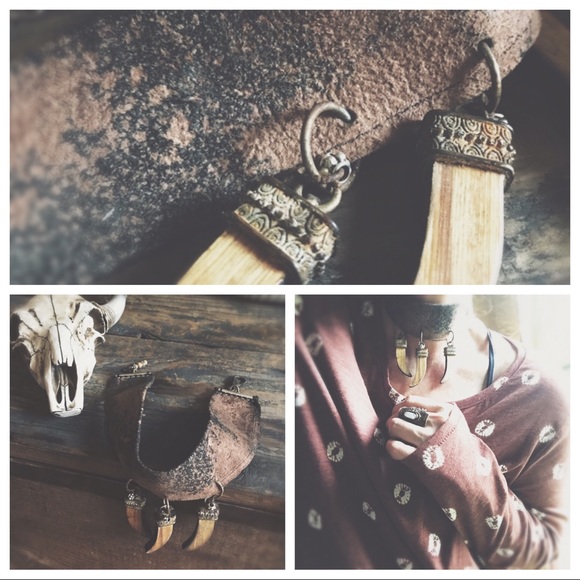Necklace  and earrings Dip Dye Italian Leather&Rustic Wood & Metal Horns - Picture 5 of 8